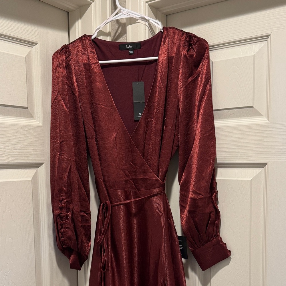 Lulu's Deep Wine Satin Wrap Dress with Puff Sleeves